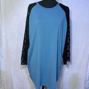 LuLaRoe Blue Top with Black Lace Sleeves
